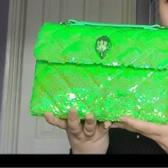 Kurt Geiger Sequin Embellished Lime Green Neon Medium Kensington Shoulder Bag - Picture 3 of 14